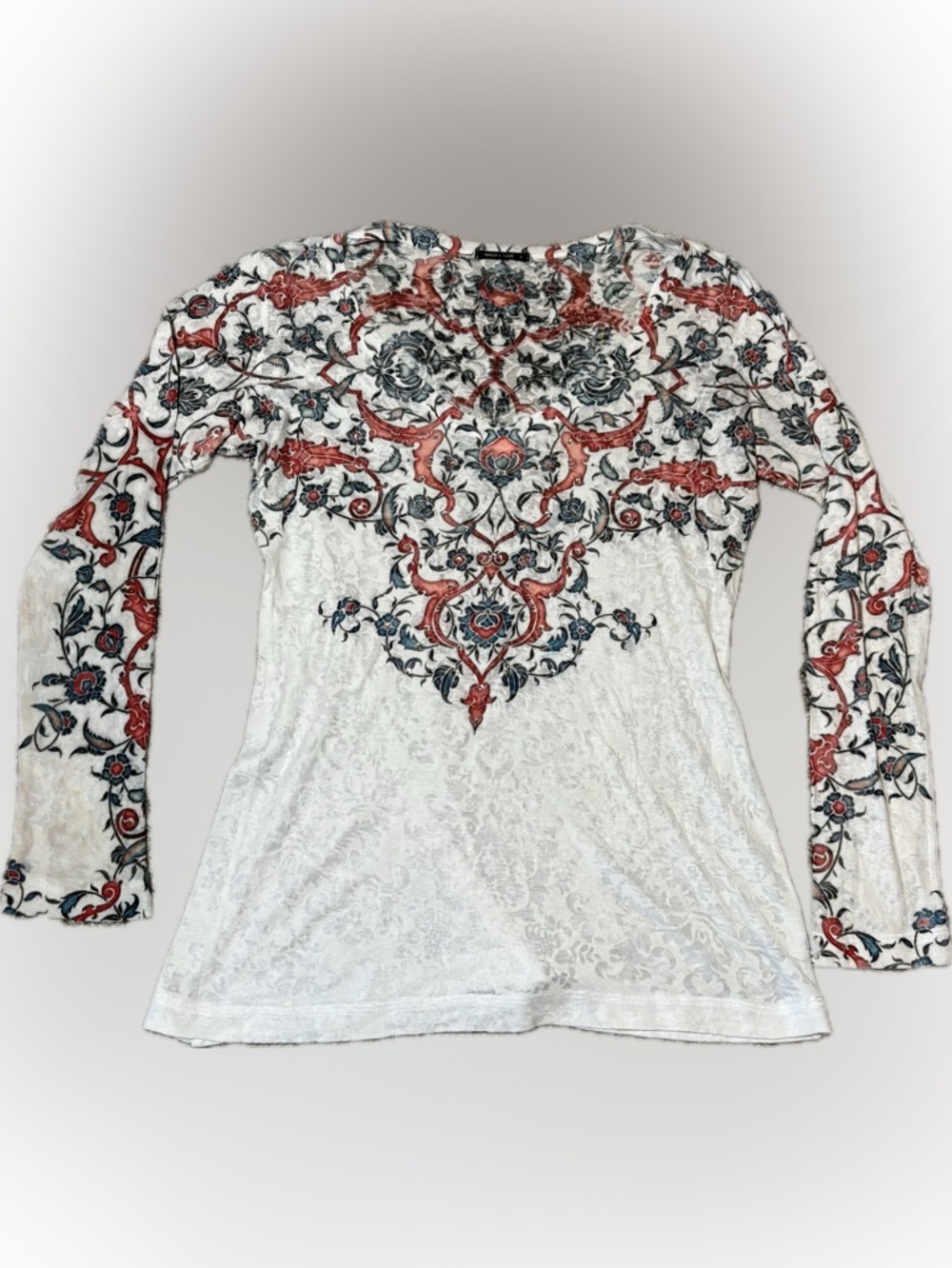 E91 Nally & Millie White Long Sleeve Top with Red and Blue Ornate Print, Size L